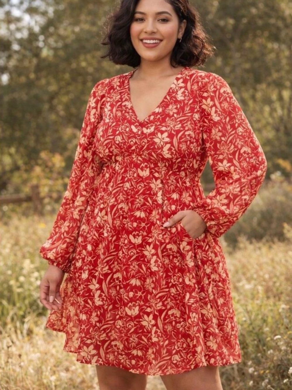 ❤️ TORRID RED & CREAM FLORAL BABYDOLL DRESS SIZE 4 — LONG SLEEVE BOHO